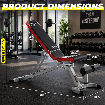 Fitvids Adjustable Folding Weight Bench with Leg Roller, Heavy‑Duty Incline Decline Flat Exercise Bench, Supports up to 600 LBS for Home Gym Full‑Body Strength Training