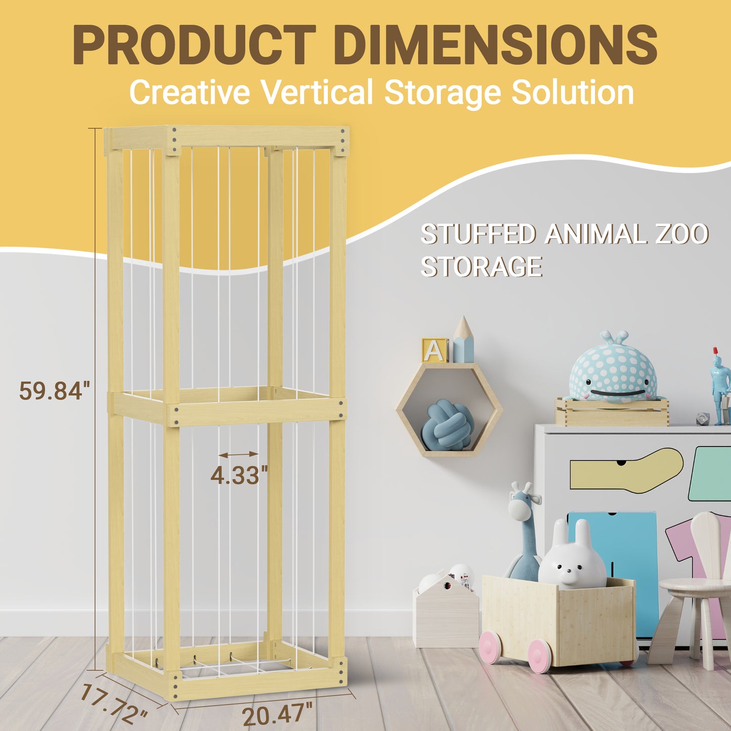 Wooden Stuffed Animal Zoo Storage, Large Toy Organizer with Elastic Band for Kids Toddlers, Playroom Corner Decor