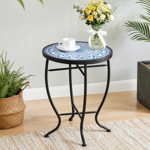 Mosaic Outdoor Side Table, 14" Round End Table, Accent Table, Plant Stand Ideal for Pool Side, Porch, Patio, Deck or Sofa Side, Golden Backyard