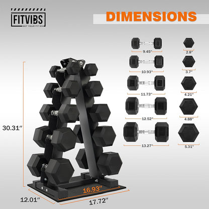 Fitvids Rubber Coated Hex Dumbbell Set with Storage Rack 150 LB Hand Weight Set with Anti-Slip Grip for Home Gym