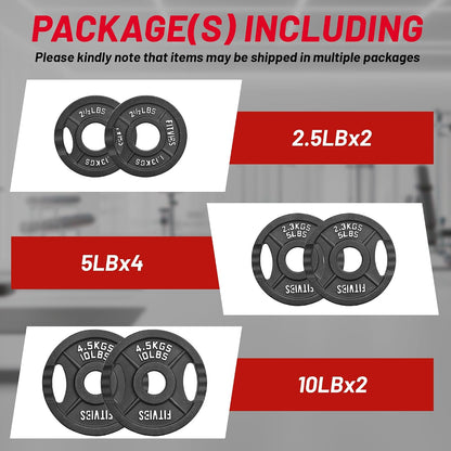 Fitvids Dual-Hole Cast Iron Olympic Weight Plates, 2-Inch Center Hole, Black with Silver Markings, for Barbells & Home Gym Strength Training