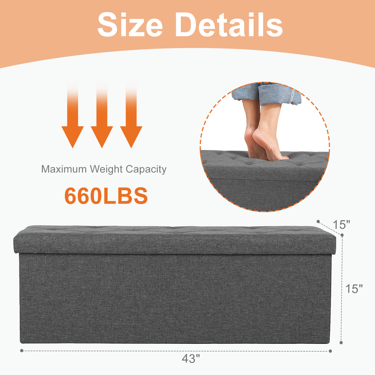 Storage Ottoman Bench with Thicker Foam Padded Seat, Folding Foot Rest for Bedroom & Living Room