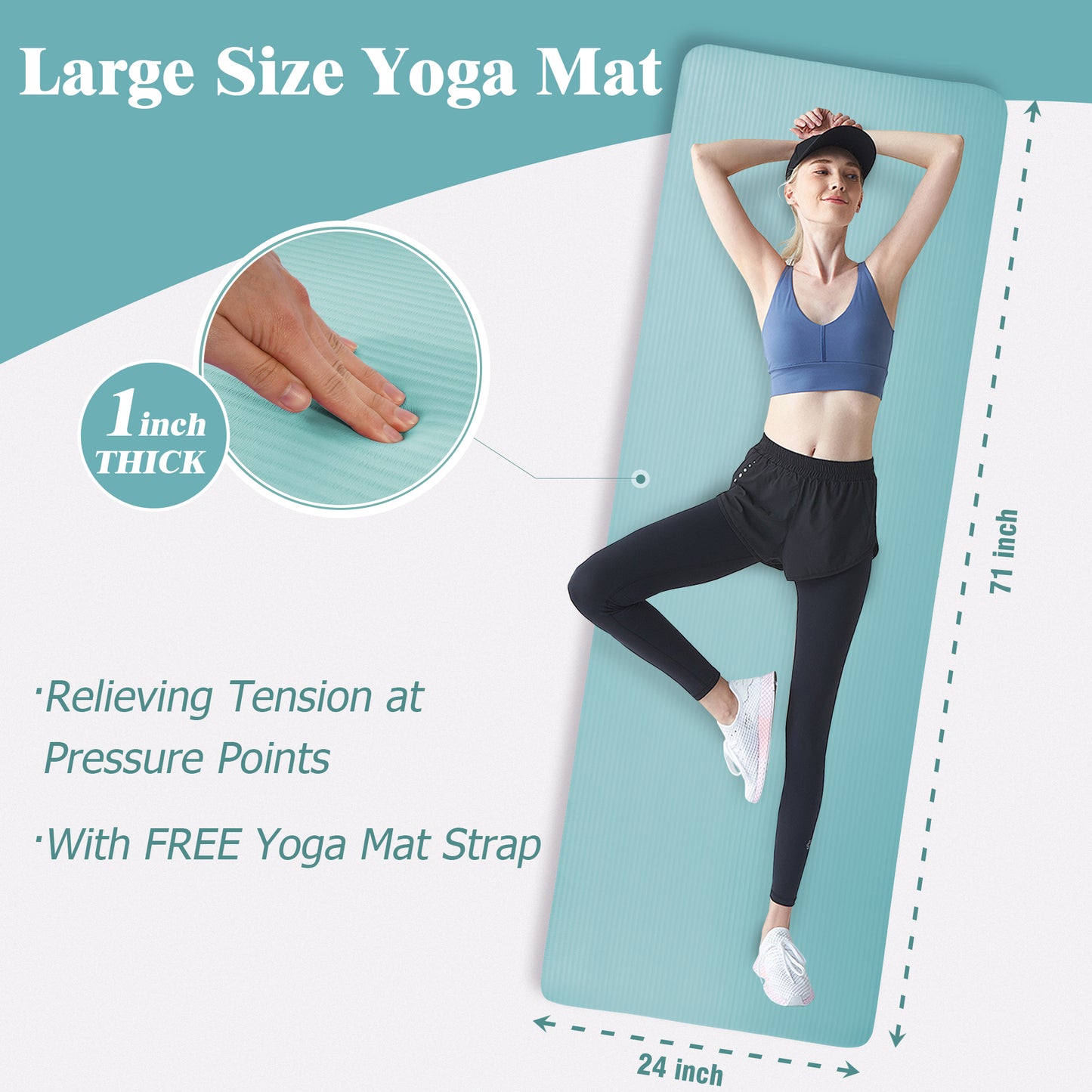 Fitvids 1 Inch Thick Yoga Mat 71x24 Inch - Non Slip Workout Mat with Carry Strap, Multi Colors, Versatile Exercise Mat for Home Gym Pilates Meditation, Suitable for All Skill Level