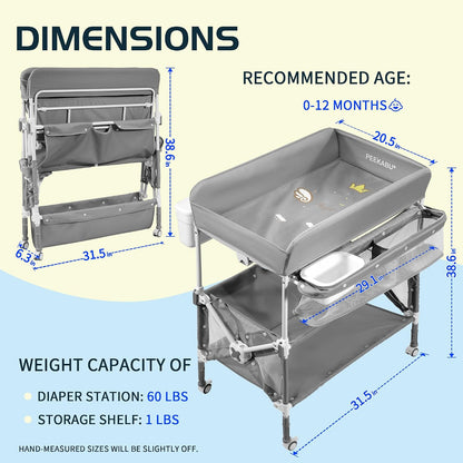 Foldable Mobile Baby Changing Table, Adjustable Height Waterproof Diaper Changing Station with Wheels, Nursery Storage Organizer for Newborns