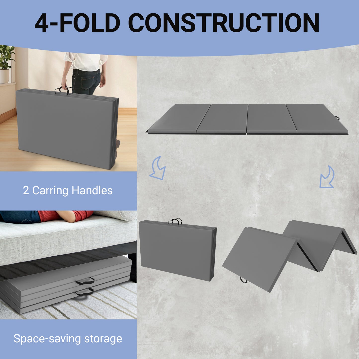 Fitvids 10 x 4 Ft 4‑Panel Folding Gymnastics Mat, 2‑Inch Thick Vinyl Exercise Mat with Carrying Handles for Tumbling, Yoga, Pilates, Martial Arts & Home Workouts