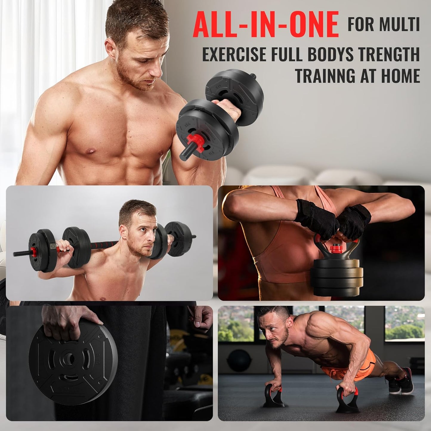Fitvids 40LBS Multi-Functional Adjustable Dumbbell Set, Convertible Dumbbell, Barbell & Kettlebell Portable Free Weight Set for Home Gym Workouts