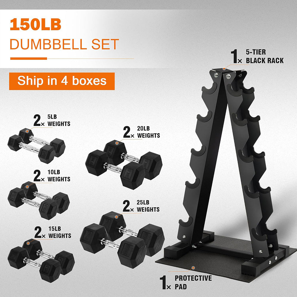 Fitvids Rubber Coated Hex Dumbbell Set with Storage Rack 150 LB Hand Weight Set with Anti-Slip Grip for Home Gym