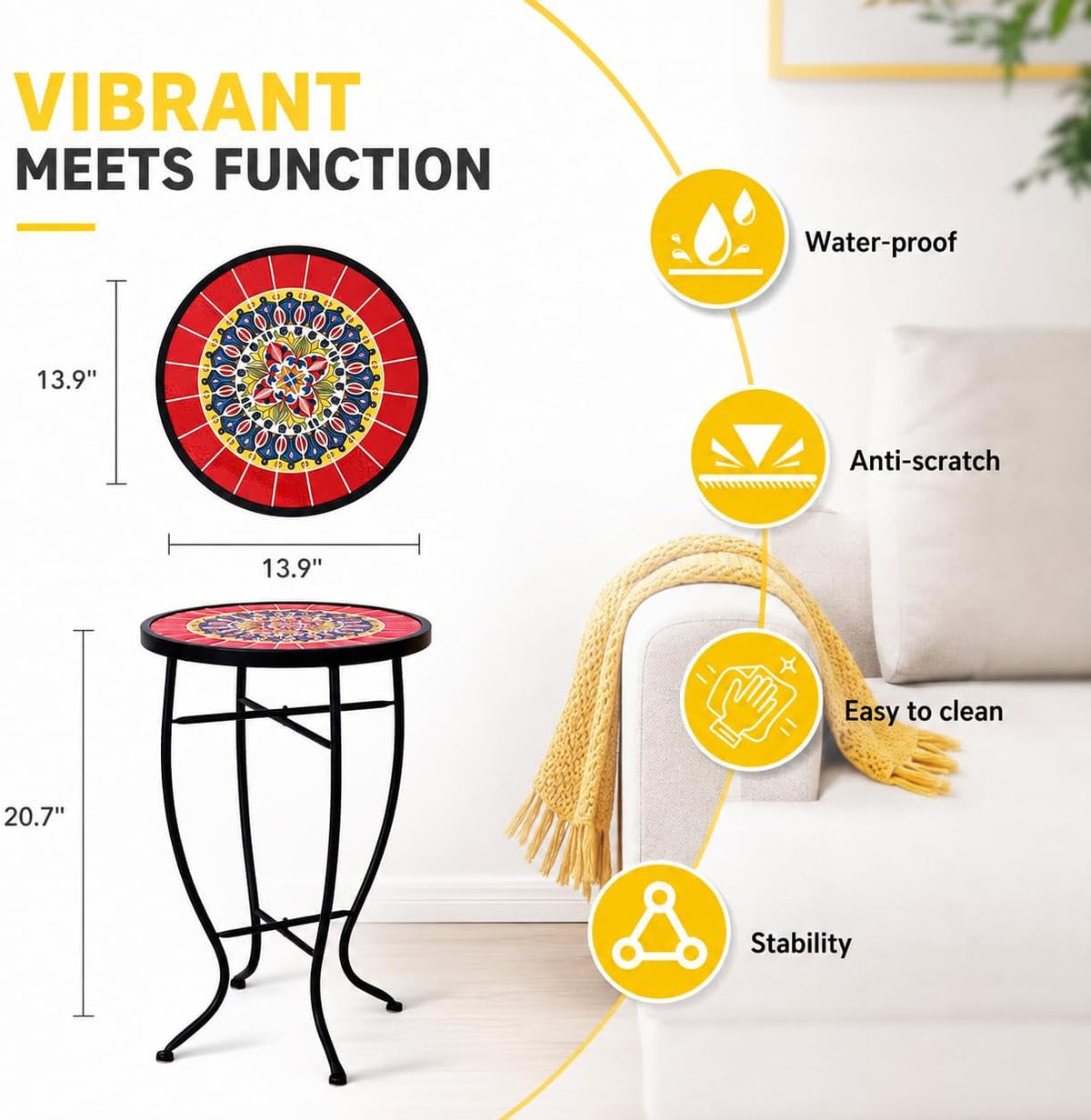Mosaic Outdoor Side Table, 14" Round End Table, Accent Table, Plant Stand Ideal for Pool Side, Porch, Patio, Deck or Sofa Side, Golden Backyard