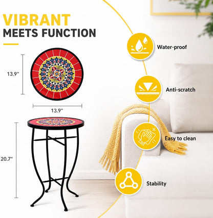 Mosaic Outdoor Side Table, 14" Round End Table, Accent Table, Plant Stand Ideal for Pool Side, Porch, Patio, Deck or Sofa Side, Golden Backyard