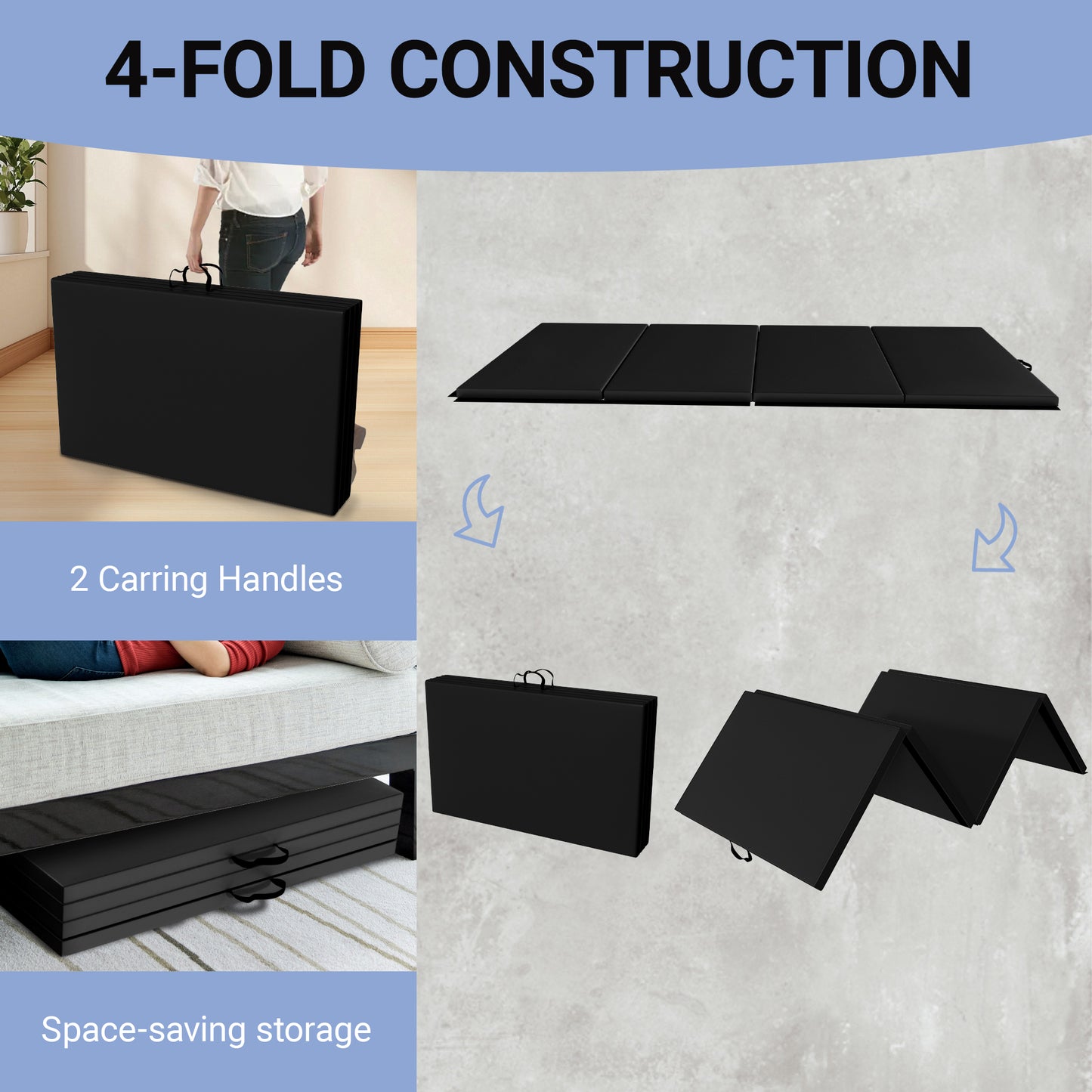 Fitvids 10 x 4 Ft 4‑Panel Folding Gymnastics Mat, 2‑Inch Thick Vinyl Exercise Mat with Carrying Handles for Tumbling, Yoga, Pilates, Martial Arts & Home Workouts