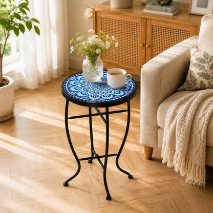 Mosaic Outdoor Side Table, 14" Round End Table, Accent Table, Plant Stand Ideal for Pool Side, Porch, Patio, Deck or Sofa Side, Golden Backyard
