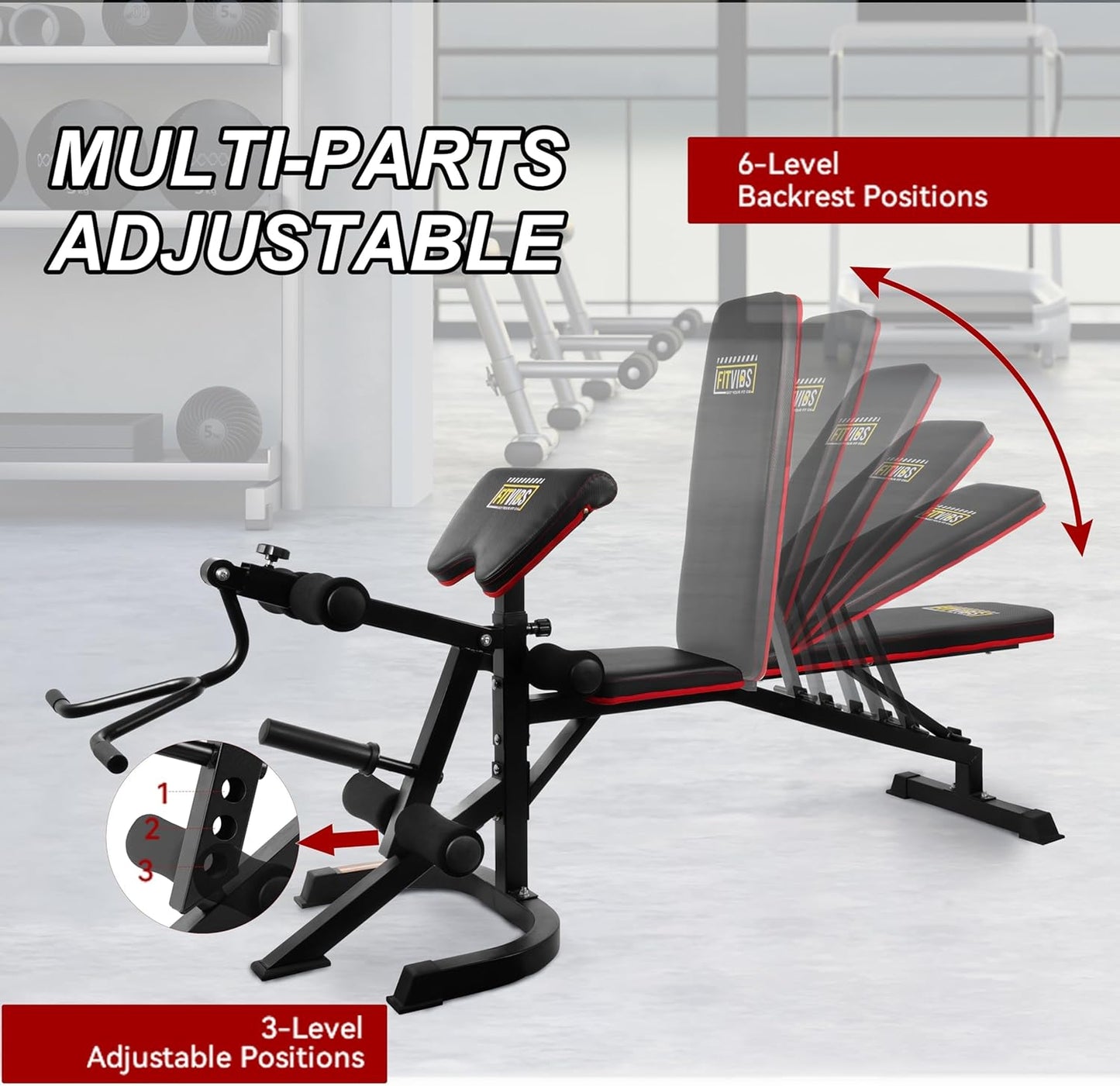 Fitvids 6-Position Adjustable Weight Bench with Leg Extension, Leg Curl Preacher Pad, Multi-Functional Workout Utility Bench for Home Gym Strength Training