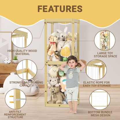 Wooden Stuffed Animal Zoo Storage, Large Toy Organizer with Elastic Band for Kids Toddlers, Playroom Corner Decor
