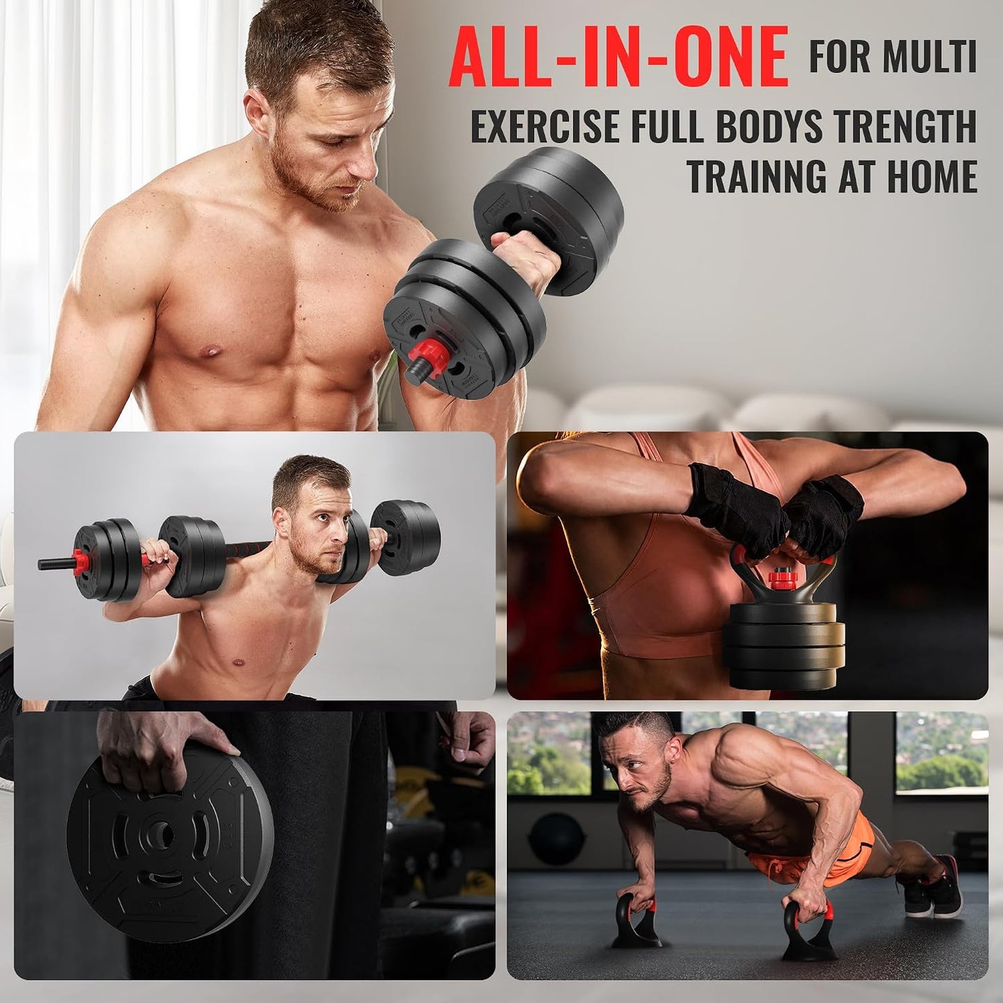 Fitvids 60LBS Multi-Functional Adjustable Dumbbell Set, Convertible Dumbbell, Barbell & Kettlebell Portable Free Weight Set for Home Gym Workouts