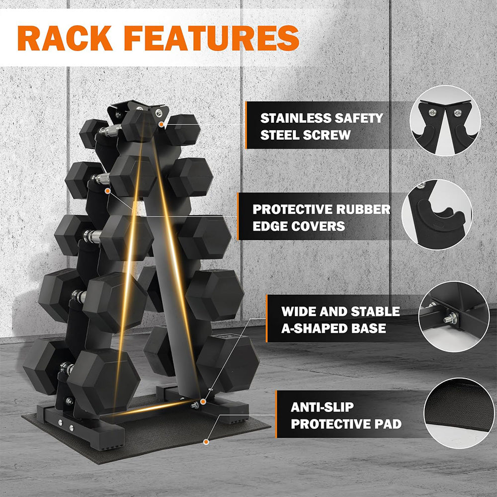 Fitvids Rubber Coated Hex Dumbbell Set with Storage Rack 150 LB Hand Weight Set with Anti-Slip Grip for Home Gym