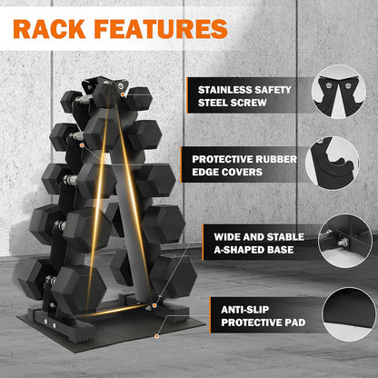 Fitvids Rubber Coated Hex Dumbbell Set with Storage Rack 150 LB Hand Weight Set with Anti-Slip Grip for Home Gym