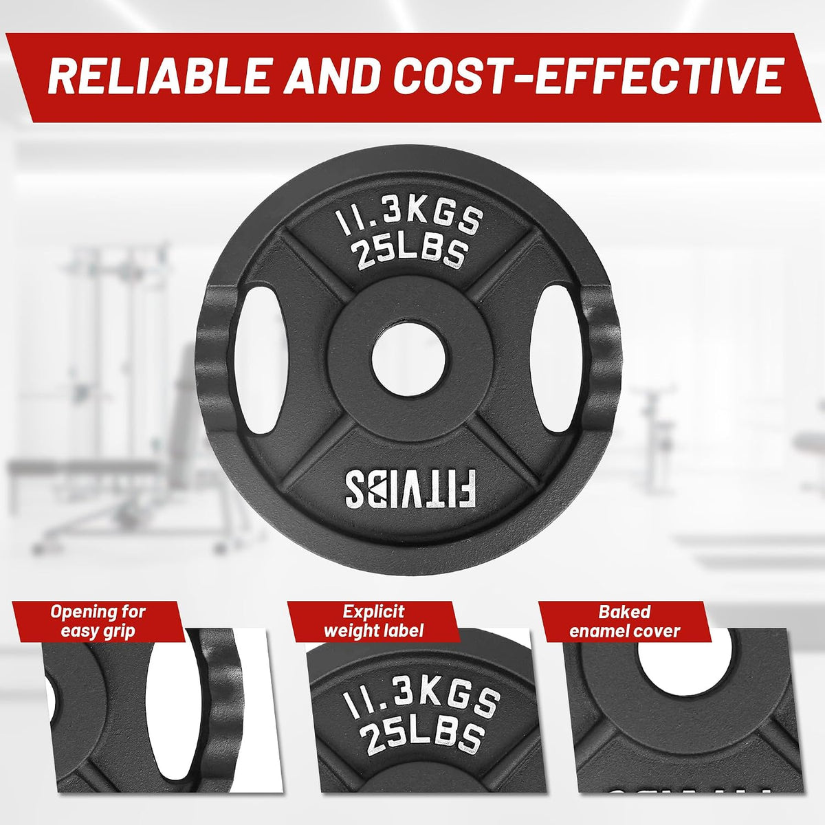 Fitvids Dual-Hole Cast Iron Weight Plates with 2-Inch Center Hole, Black with Silver Lettering, for Standard Barbell and Home Gym Use