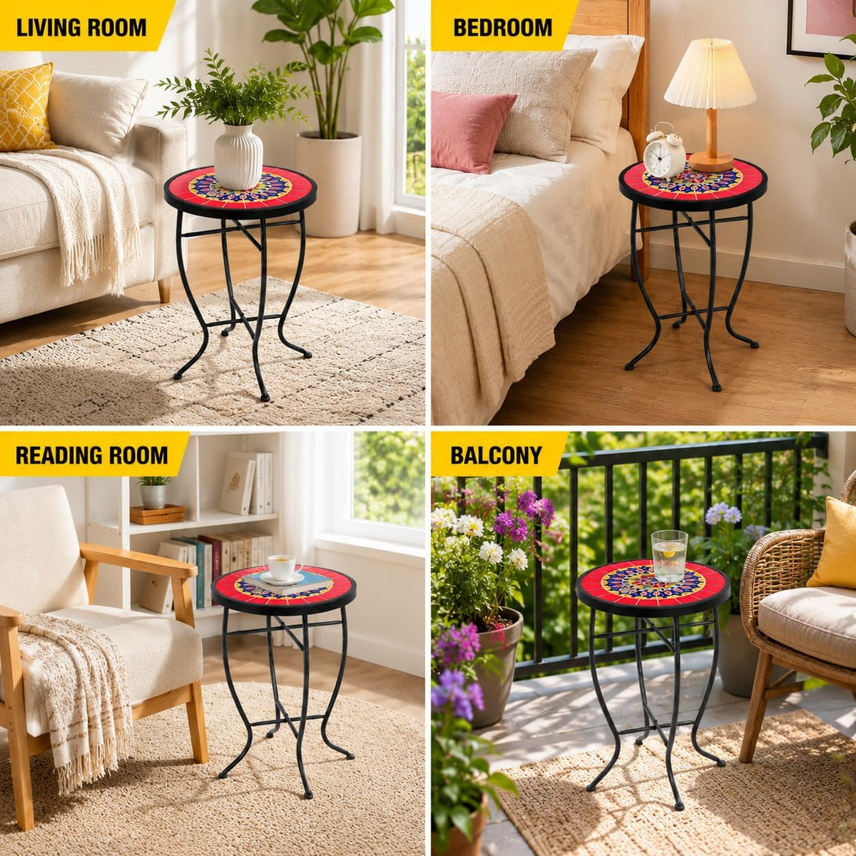 Mosaic Outdoor Side Table, 14" Round End Table, Accent Table, Plant Stand Ideal for Pool Side, Porch, Patio, Deck or Sofa Side, Golden Backyard