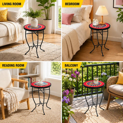 Mosaic Outdoor Side Table, 14" Round End Table, Accent Table, Plant Stand Ideal for Pool Side, Porch, Patio, Deck or Sofa Side, Golden Backyard