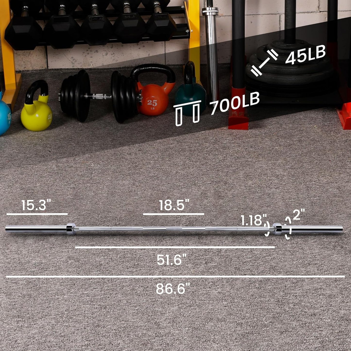 Fitvids 7 Feet Olympic Barbell Bar, 2-Inch Weight Lifting Bar with Collars, 700 LBS Capacity for Home Gym, Bench Press & Strength Training