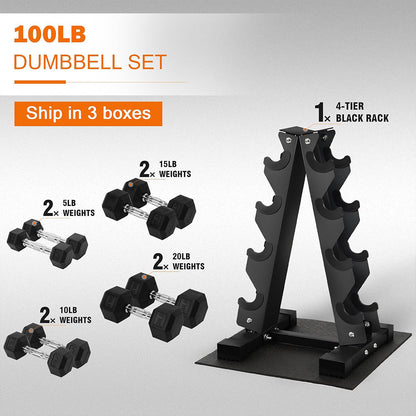 Fitvids Rubber Coated Hex Dumbbell Set with Storage Rack 100 LB Hand Weight Set with Anti-Slip Grip for Home Gym