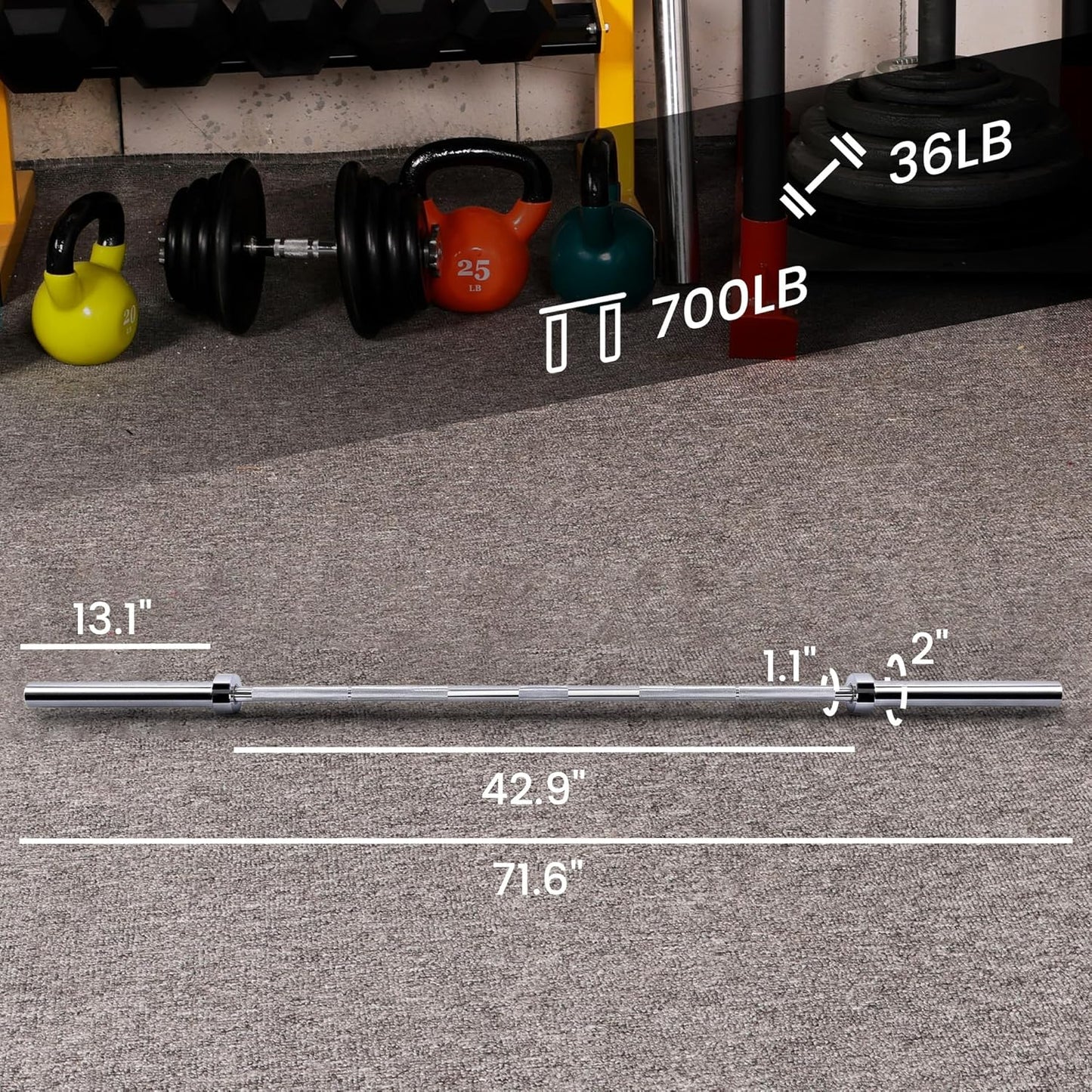 Fitvids 6 Feet Olympic Barbell Bar, 2-Inch Weight Lifting Bar with Collars, 700 LBS Capacity for Home Gym, Bench Press & Strength Training
