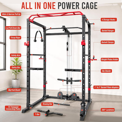 Fitvids Power Rack, Multi-Function Squat Rack with LAT Pull Down, Power Cage with Pulley System, Strength Training Home Gym Equipment with Workout Equipment Attachments, Cable Machine for Home Gym