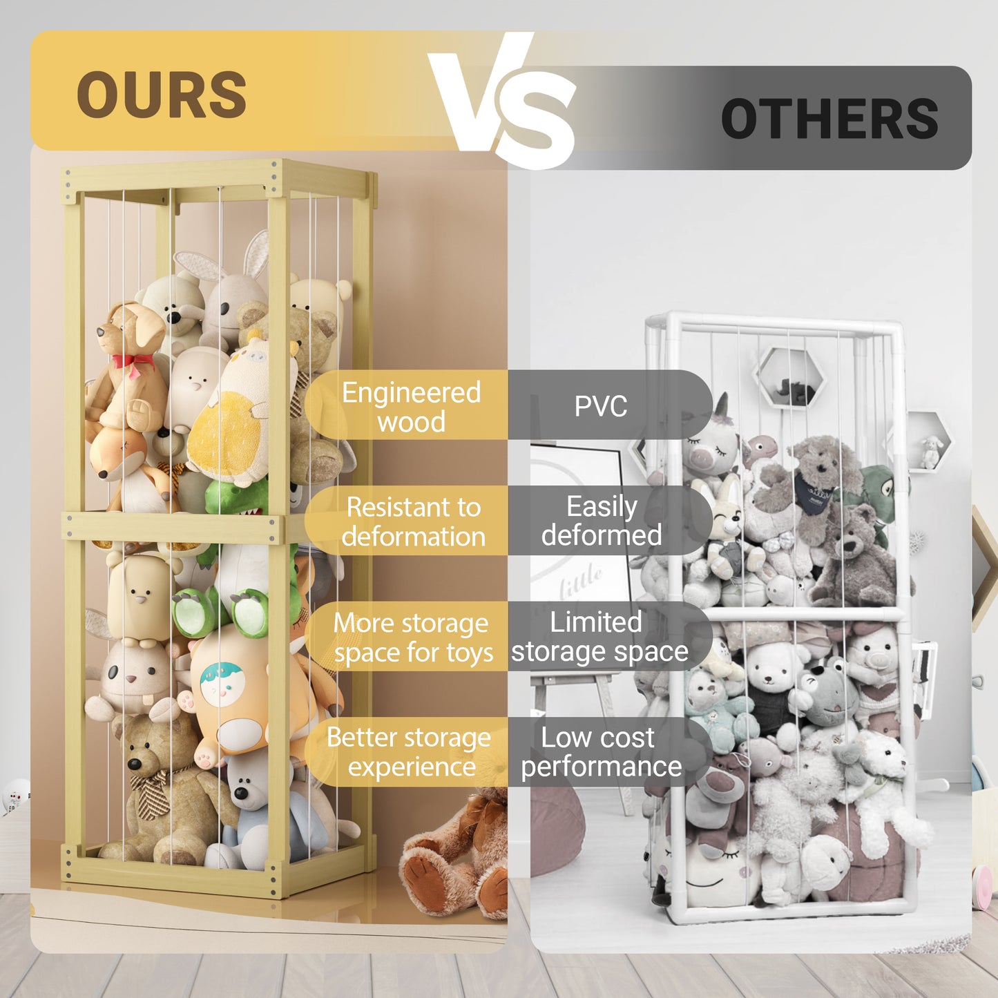 Wooden Stuffed Animal Zoo Storage, Large Toy Organizer with Elastic Band for Kids Toddlers, Playroom Corner Decor