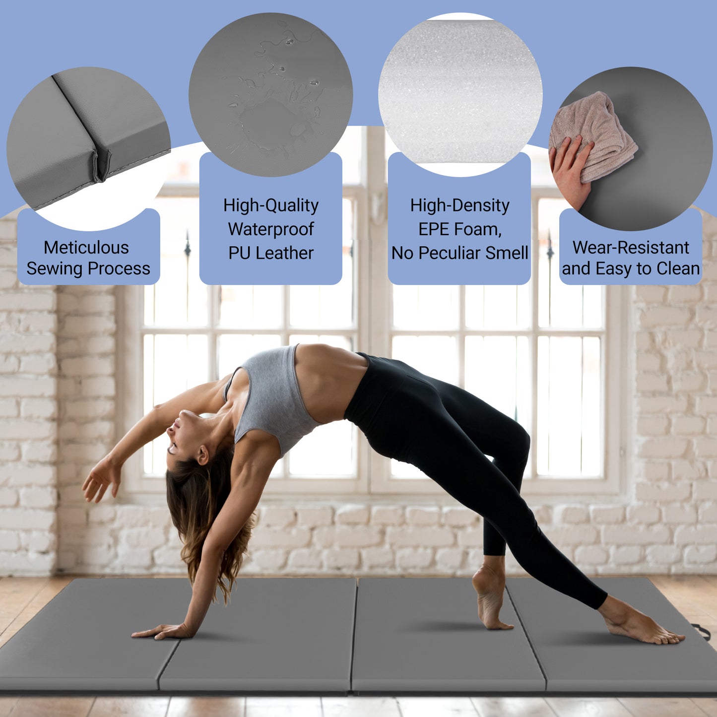 Fitvids 10 x 4 Ft 4‑Panel Folding Gymnastics Mat, 2‑Inch Thick Vinyl Exercise Mat with Carrying Handles for Tumbling, Yoga, Pilates, Martial Arts & Home Workouts
