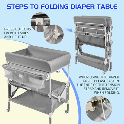 Foldable Mobile Baby Changing Table, Adjustable Height Waterproof Diaper Changing Station with Wheels, Nursery Storage Organizer for Newborns