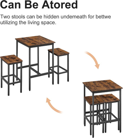 2‑Person Industrial Bar Dining Table Set, Square High Table with 2 Bar Stools, Metal Frame Rustic Brown for Small Apartment Kitchen