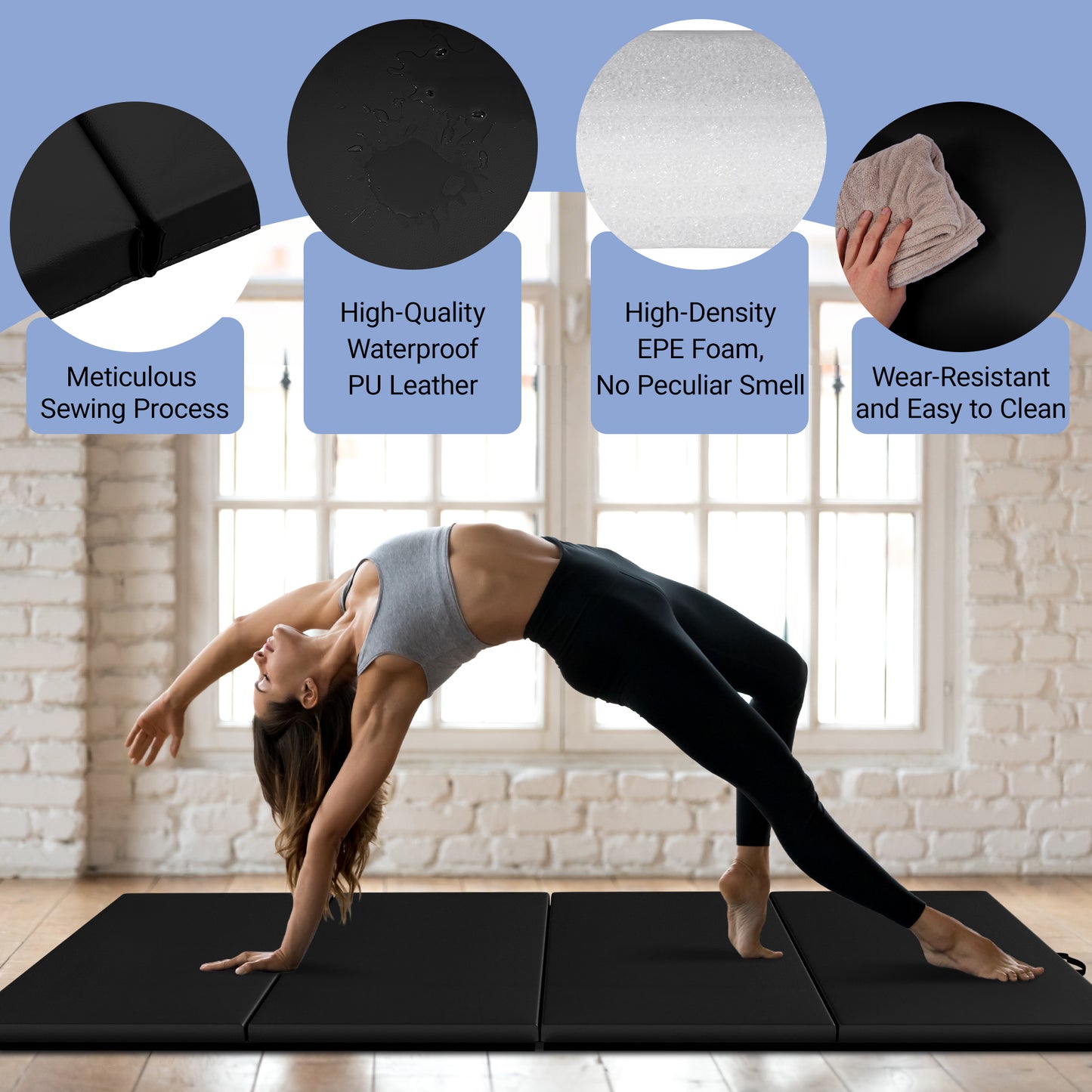 Fitvids 10 x 4 Ft 4‑Panel Folding Gymnastics Mat, 2‑Inch Thick Vinyl Exercise Mat with Carrying Handles for Tumbling, Yoga, Pilates, Martial Arts & Home Workouts