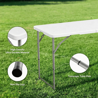 Bluk Buy 4FT  3-Level Adjustable Height Fold-in-Half Folding Table, 4FT Heavy Duty Portable Table for Indoor Outdoor Camping Picnic Party Dining Events