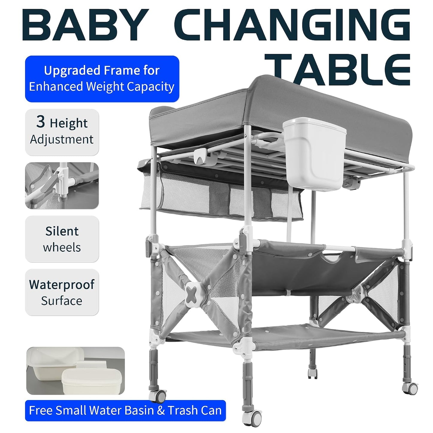 Foldable Mobile Baby Changing Table, Adjustable Height Waterproof Diaper Changing Station with Wheels, Nursery Storage Organizer for Newborns