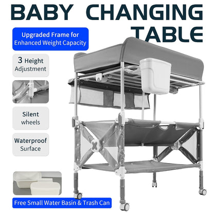 Foldable Mobile Baby Changing Table, Adjustable Height Waterproof Diaper Changing Station with Wheels, Nursery Storage Organizer for Newborns