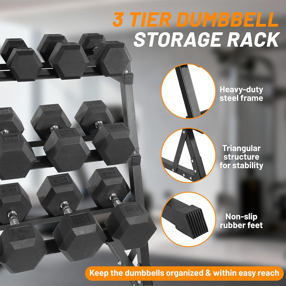 Fitvids 550 LB Rubber Coated Hex Dumbbell Set with 3-Tier Storage Rack, Anti-Slip Ergonomic Hand Weights for Home & Commercial Gym