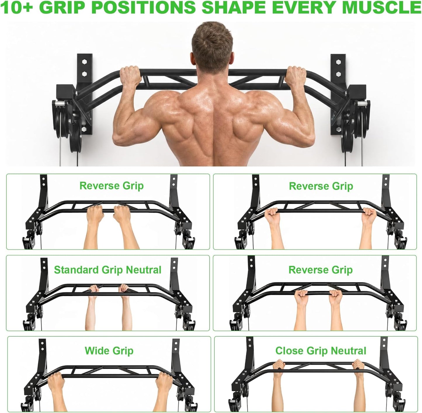 Fitvids Wall Mounted Pull Up Bar, Heavy Duty Multi-Grip Chin Up Bar for Home Gym, 450 LBS Weight Capacity Upper Body Strength Training Equipment with Multiple Grip Options