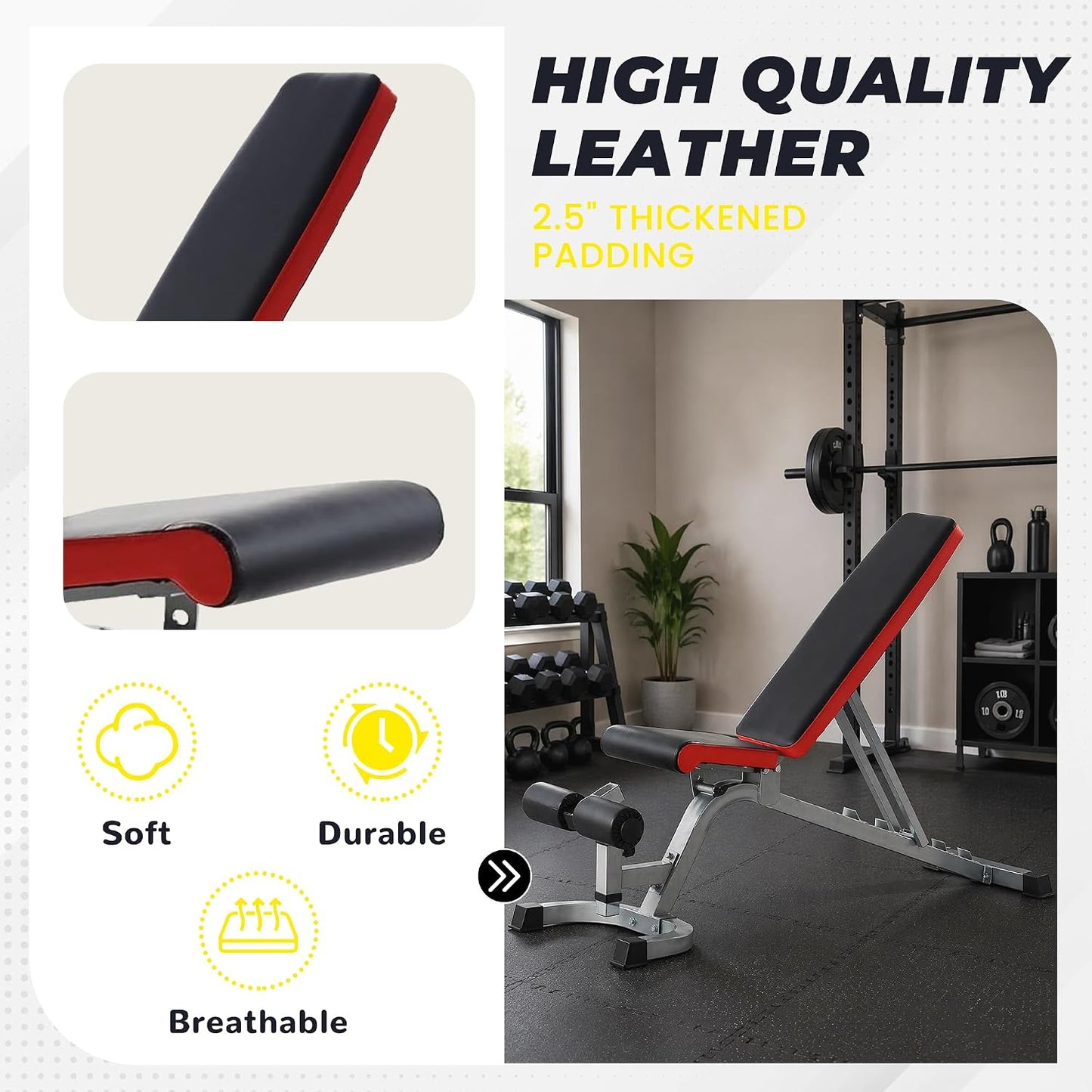 Fitvids Adjustable Folding Weight Bench with Leg Roller, Heavy‑Duty Incline Decline Flat Exercise Bench, Supports up to 600 LBS for Home Gym Full‑Body Strength Training