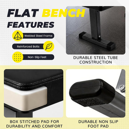 Fitvids Weight Bench, Heavy‑Duty Flat Workout Bench, Stable Exercise Bench for Full‑Body Strength Training Home Gym