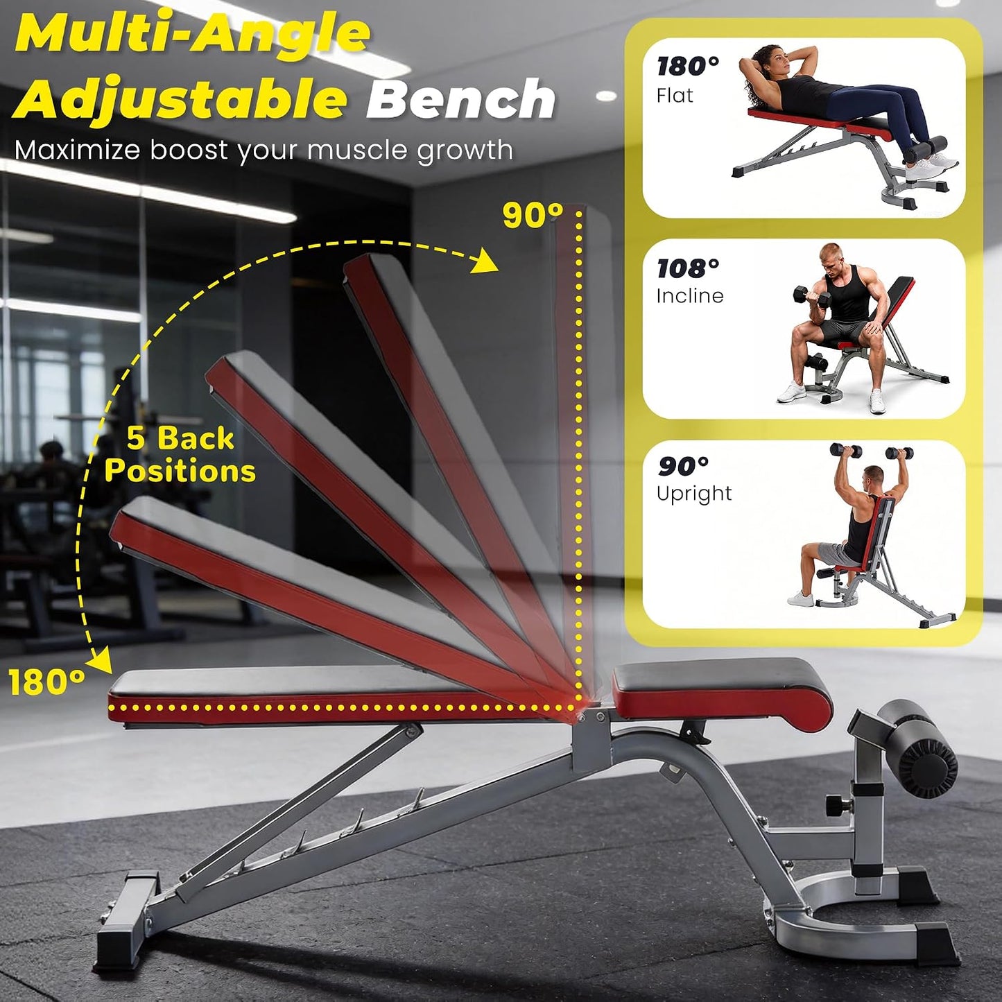 Fitvids Adjustable Folding Weight Bench with Leg Roller, Heavy‑Duty Incline Decline Flat Exercise Bench, Supports up to 600 LBS for Home Gym Full‑Body Strength Training