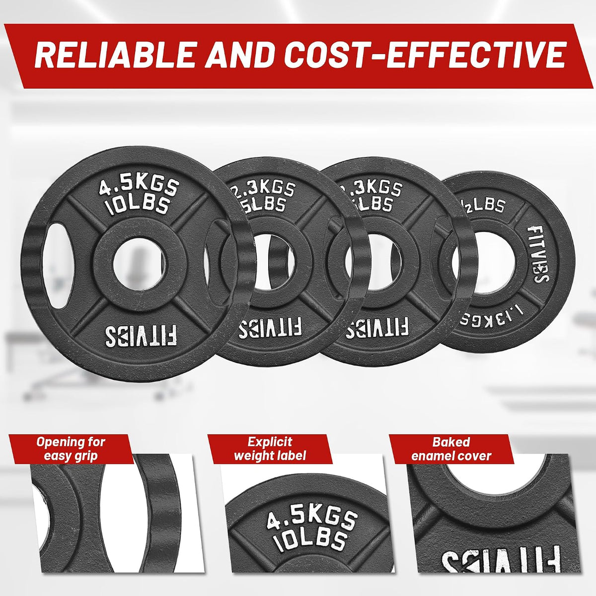Fitvids Dual-Hole Cast Iron Olympic Weight Plates, 2-Inch Center Hole, Black with Silver Markings, for Barbells & Home Gym Strength Training