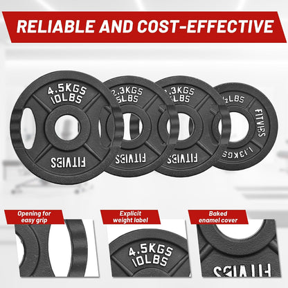 Fitvids Dual-Hole Cast Iron Olympic Weight Plates, 2-Inch Center Hole, Black with Silver Markings, for Barbells & Home Gym Strength Training