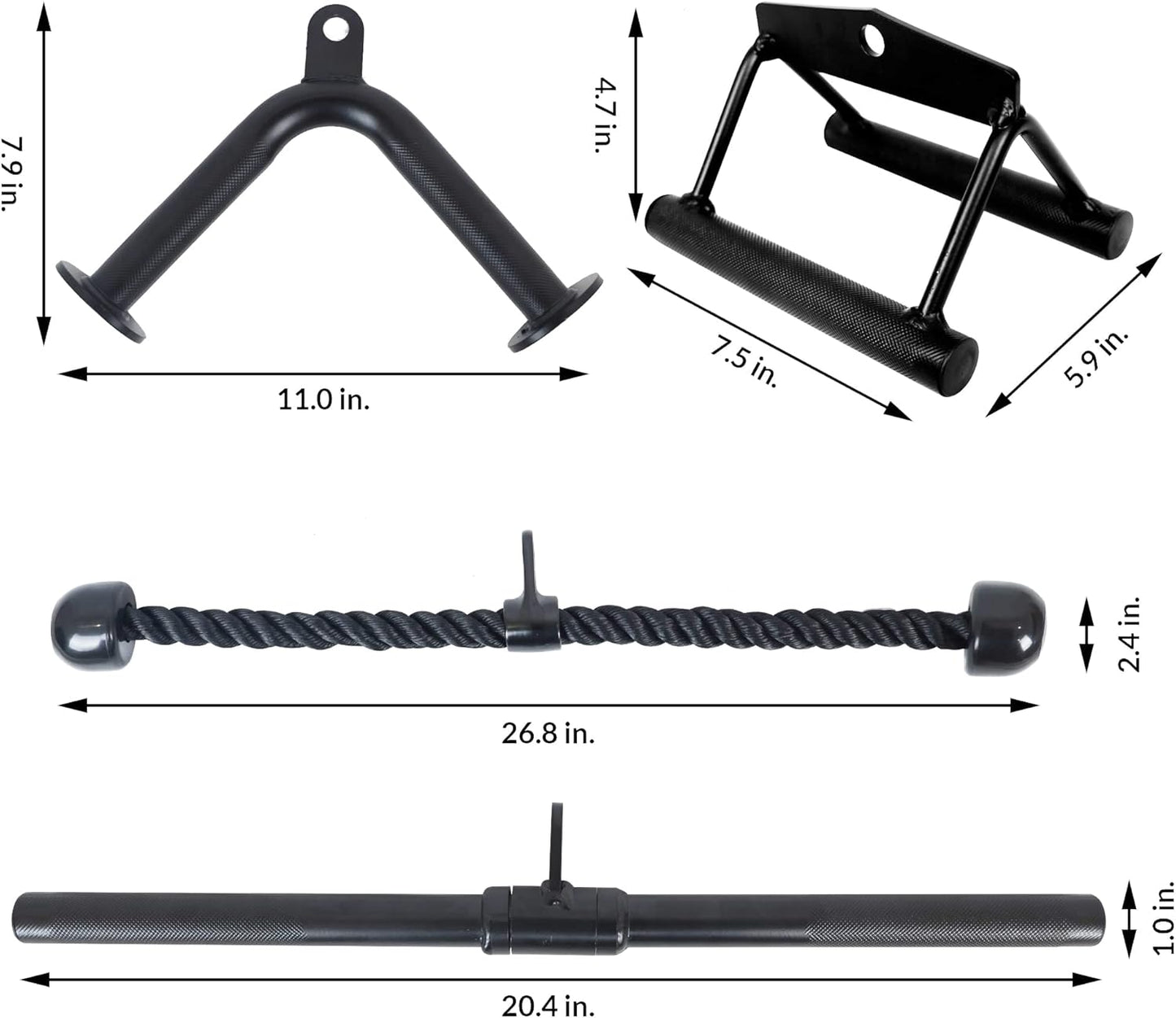 Fitvids 800LB Cable Attachment Set – Tricep Rope, Row Handle, Straight Bar, V Bar for Home Gym