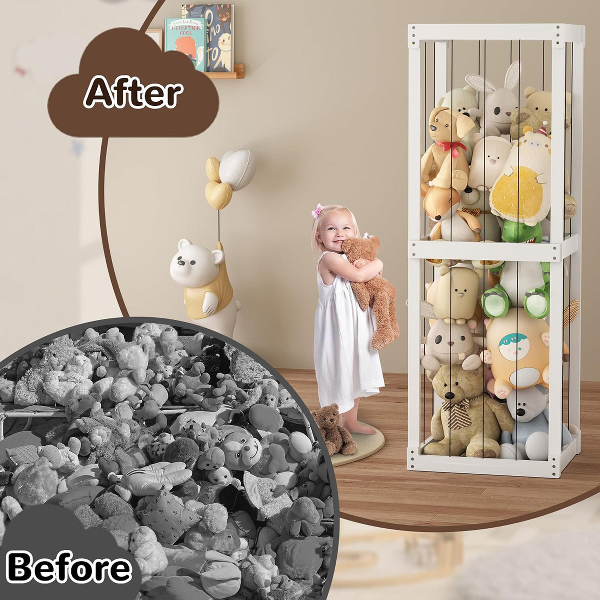 Wooden Stuffed Animal Zoo Storage, Large Toy Organizer with Elastic Band for Kids Toddlers, Playroom Corner Decor