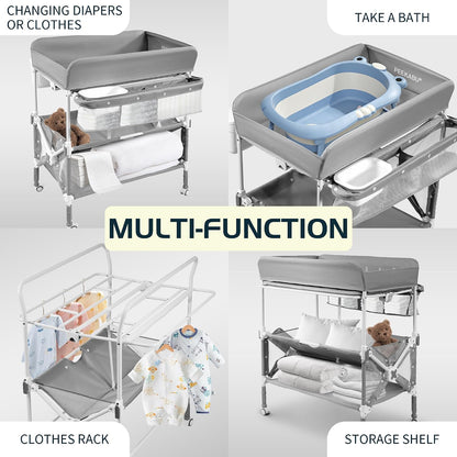 Foldable Mobile Baby Changing Table, Adjustable Height Waterproof Diaper Changing Station with Wheels, Nursery Storage Organizer for Newborns