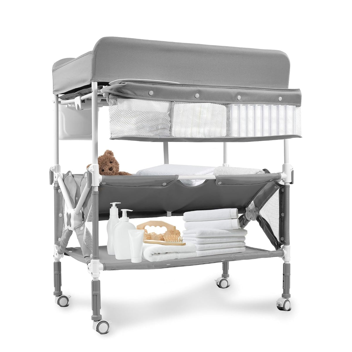 Foldable Mobile Baby Changing Table, Adjustable Height Waterproof Diaper Changing Station with Wheels, Nursery Storage Organizer for Newborns