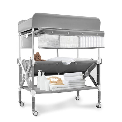 Foldable Mobile Baby Changing Table, Adjustable Height Waterproof Diaper Changing Station with Wheels, Nursery Storage Organizer for Newborns