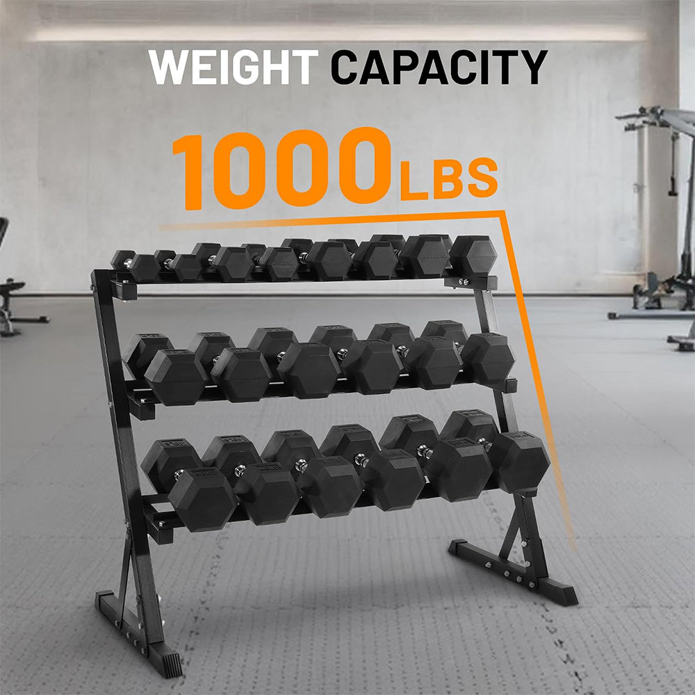 Fitvids 550 LB Rubber Coated Hex Dumbbell Set with 3-Tier Storage Rack, Anti-Slip Ergonomic Hand Weights for Home & Commercial Gym