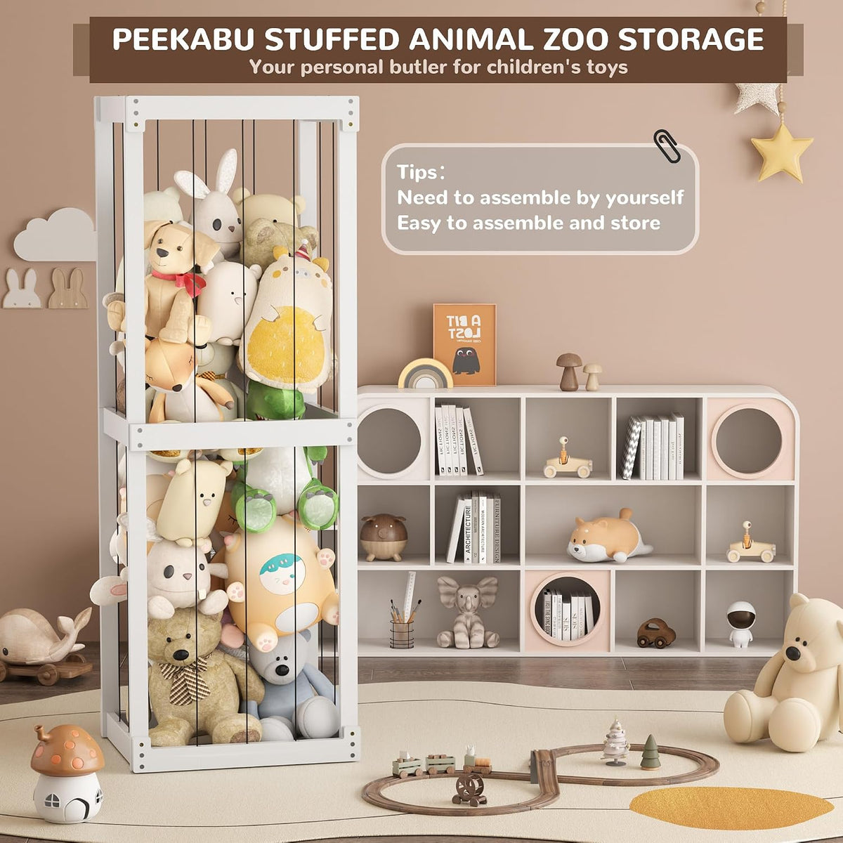 Wooden Stuffed Animal Zoo Storage, Large Toy Organizer with Elastic Band for Kids Toddlers, Playroom Corner Decor