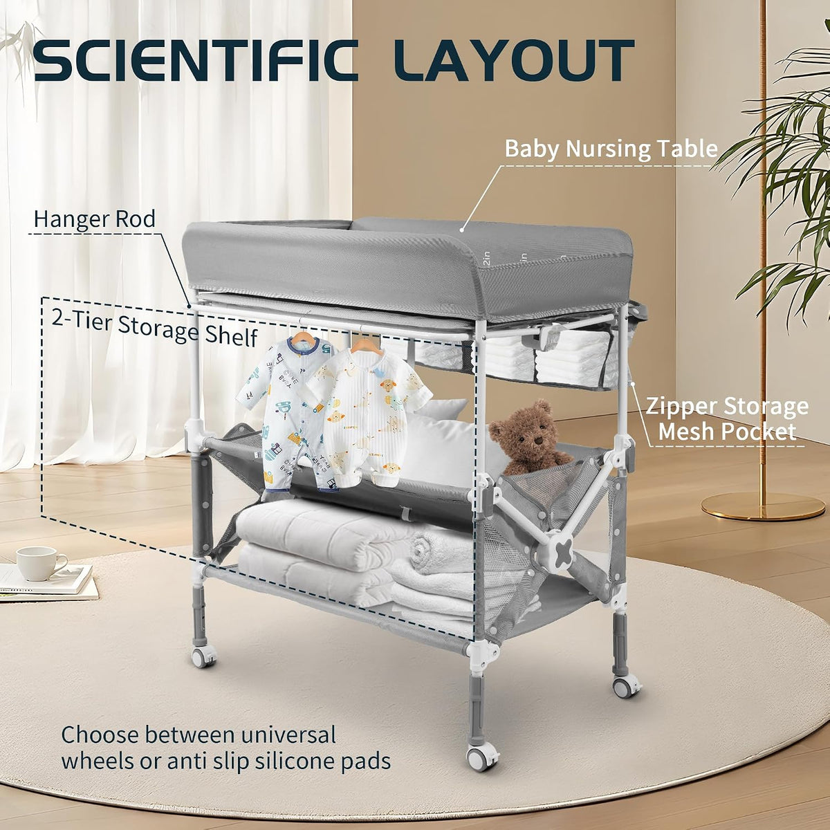 Foldable Mobile Baby Changing Table, Adjustable Height Waterproof Diaper Changing Station with Wheels, Nursery Storage Organizer for Newborns